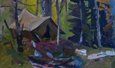 Абрам Грушко. Палатка в лесу. Карт.м.,24,2х33,5.,1965