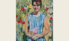 Энгельс Козлов. Портрет молодой женщины с букетиком сиреневых цветов. Х.м.,85х64. 1964